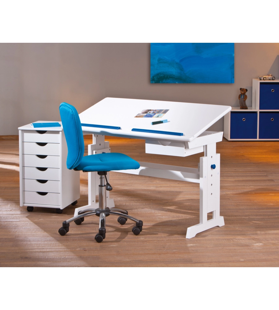 SCRIVANIA IN PINO MASSELLO FINITURA BIANCO ROSA/BLU . PIANO INCLINABILE E STRUTTURA REGOLABILE IN ALTEZZA. DIM. 109X55X64-90H. ARTICOLO IN KIT.